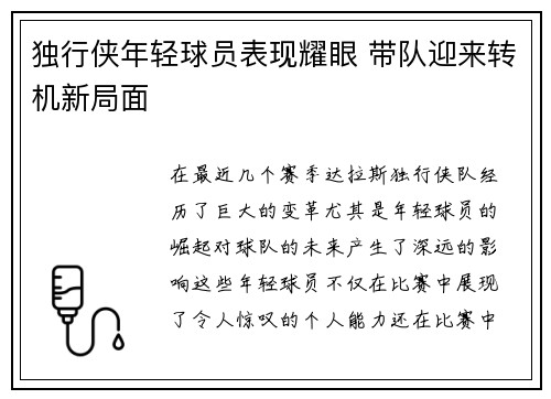 独行侠年轻球员表现耀眼 带队迎来转机新局面