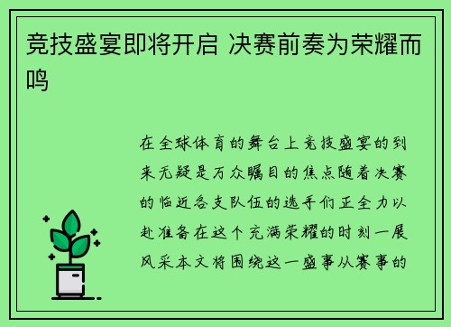 竞技盛宴即将开启 决赛前奏为荣耀而鸣