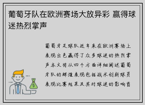 葡萄牙队在欧洲赛场大放异彩 赢得球迷热烈掌声