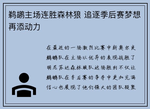 鹈鹕主场连胜森林狼 追逐季后赛梦想再添动力